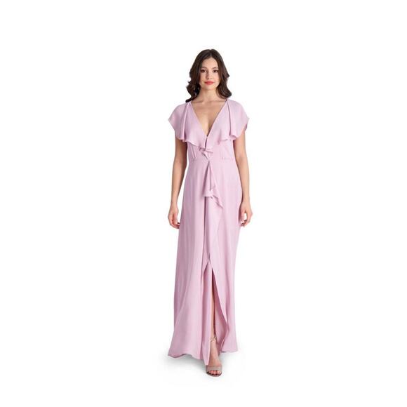BCBG MAXAZRIA Sz 0 Pink Ruffle Cascade V-Neck Front Slit Gown $298 Bride’s Maid - Picture 5 of 16